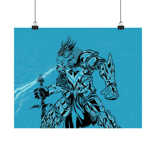 Dragonborne Warrior Matte Poster — Blue Fantasy Knight Art Print